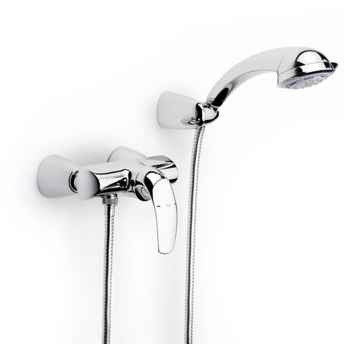Roca M2 | Wall-mounted shower mixer with 1.50 m flexible shower hose, handshower and swivel wall bracket