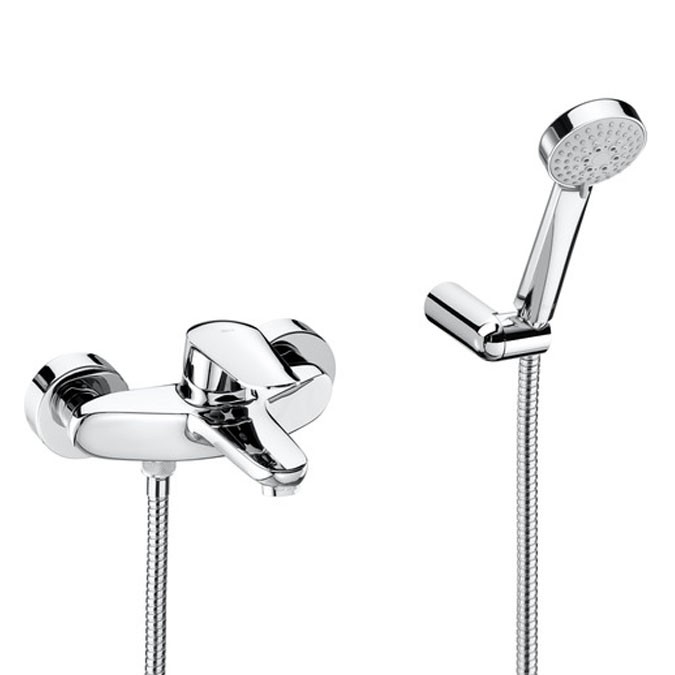 Roca Logica | Wall-mounted shower mixer with 1.50 m flexible shower hose, handshower and swivel wall bracket