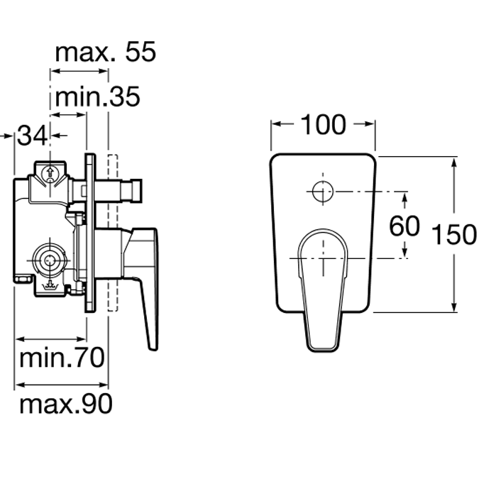 Dimensions 1/2" built-in shower mixer Roca Esmai