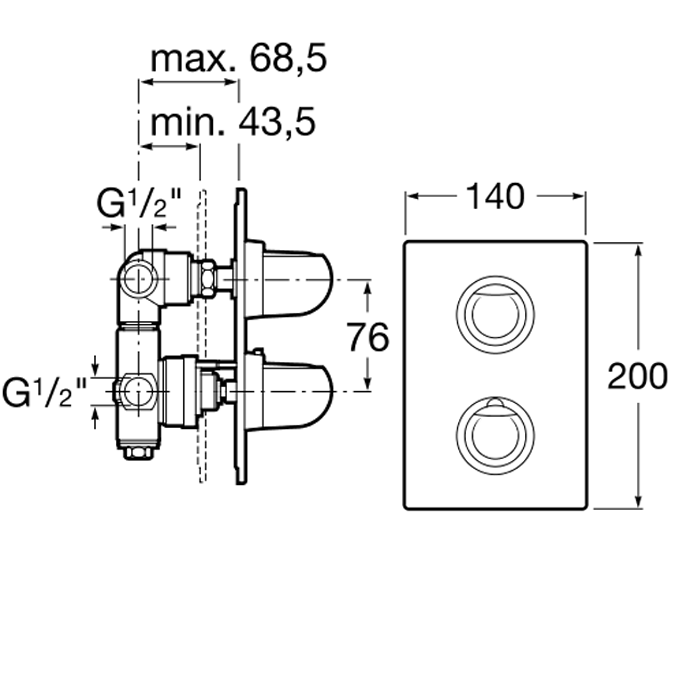 Dimensions Built-in thermostatic bath-shower mixer Roca T-5000