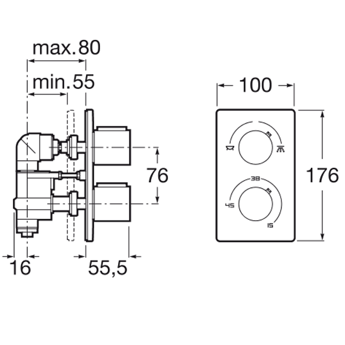Dimensiones Mezclador termostático empotrable para baño-ducha | Roca T-5000