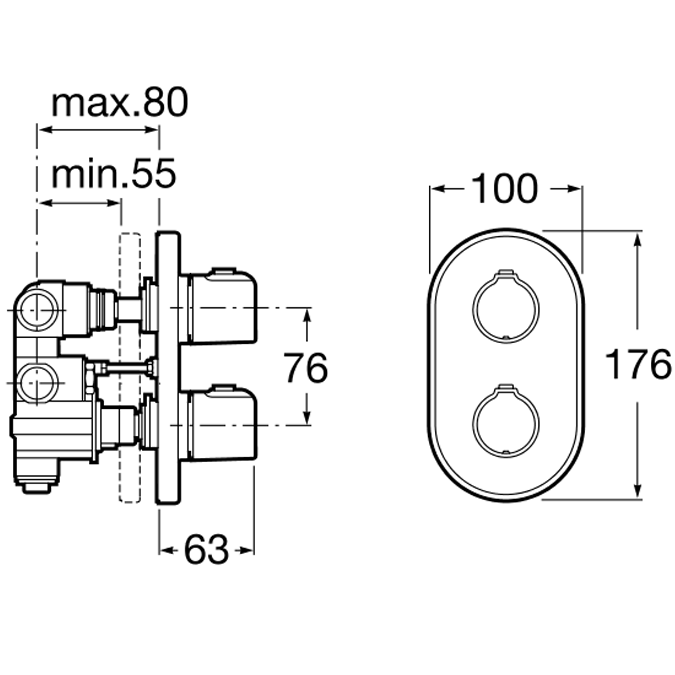 Dimensiones Mezclador termostático empotrable para baño-ducha  | Roca T-1000