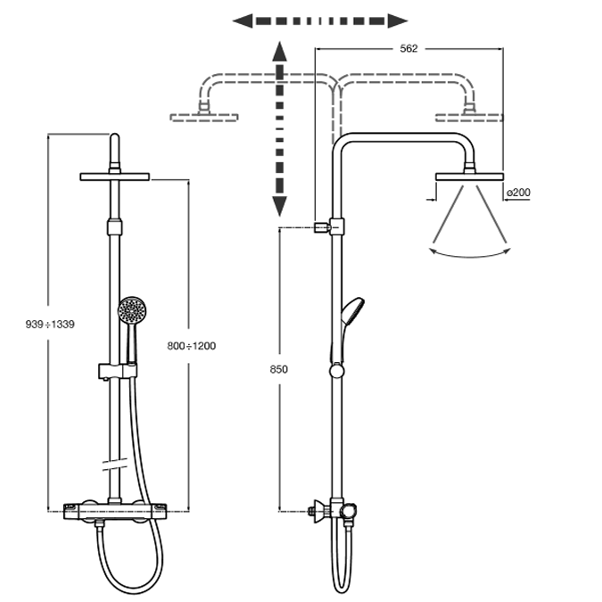 Dimensions Adjustable thermostatic shower column | Roca Victoria