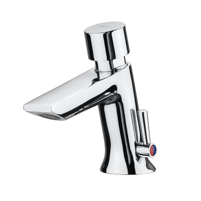 Self-closing deck-mounted basin mixer with push-button Roca Instant