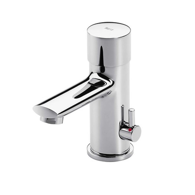 Self-closing deck-mounted basin mixer with aerator, push button, lateral handle for temperature regulation Roca Sprint