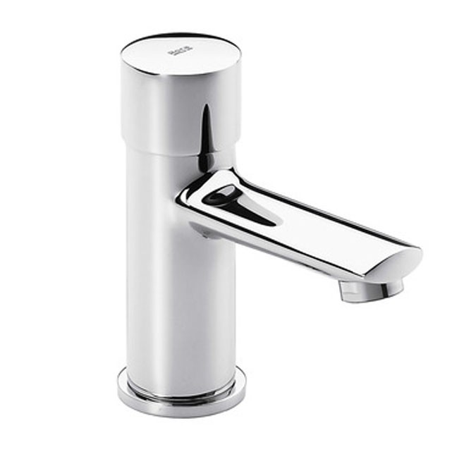 Self-closing basin pillar faucet, push-button with flow-regulator - Roca Sprint