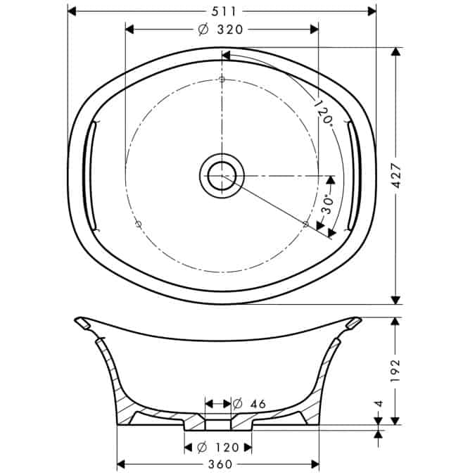 Dimensions Deck mounted wash bowl 625mm 