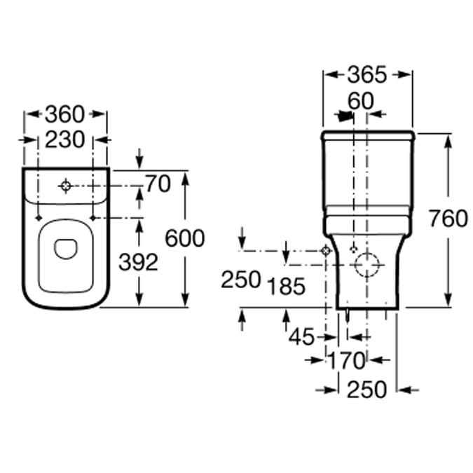 Medidas Cisterna de doble descarga 4,5/3L para inodoro | Roca Dama