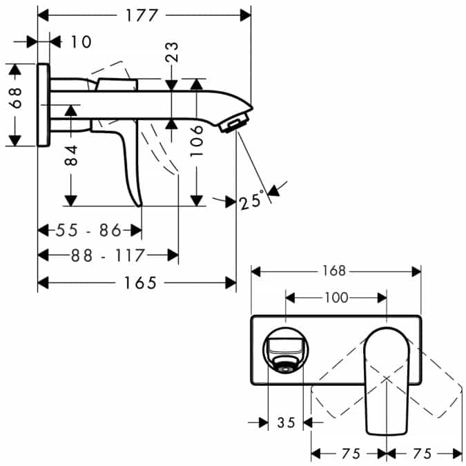 Dimensions single-lever basin mixer Metris